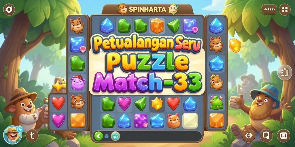 Antarmuka SPINHARTA yang menarik dan berwarna-warni saat bermain Puzzle Match-3.